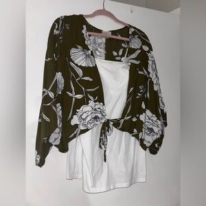 Olive Floral Kimono with White Top